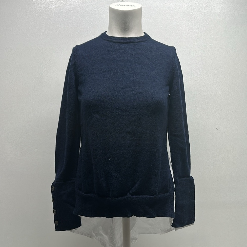 Pearl by Lela Rose Sweater Long Sleeve Wool Knit Layered Poplin Navy Blue XS